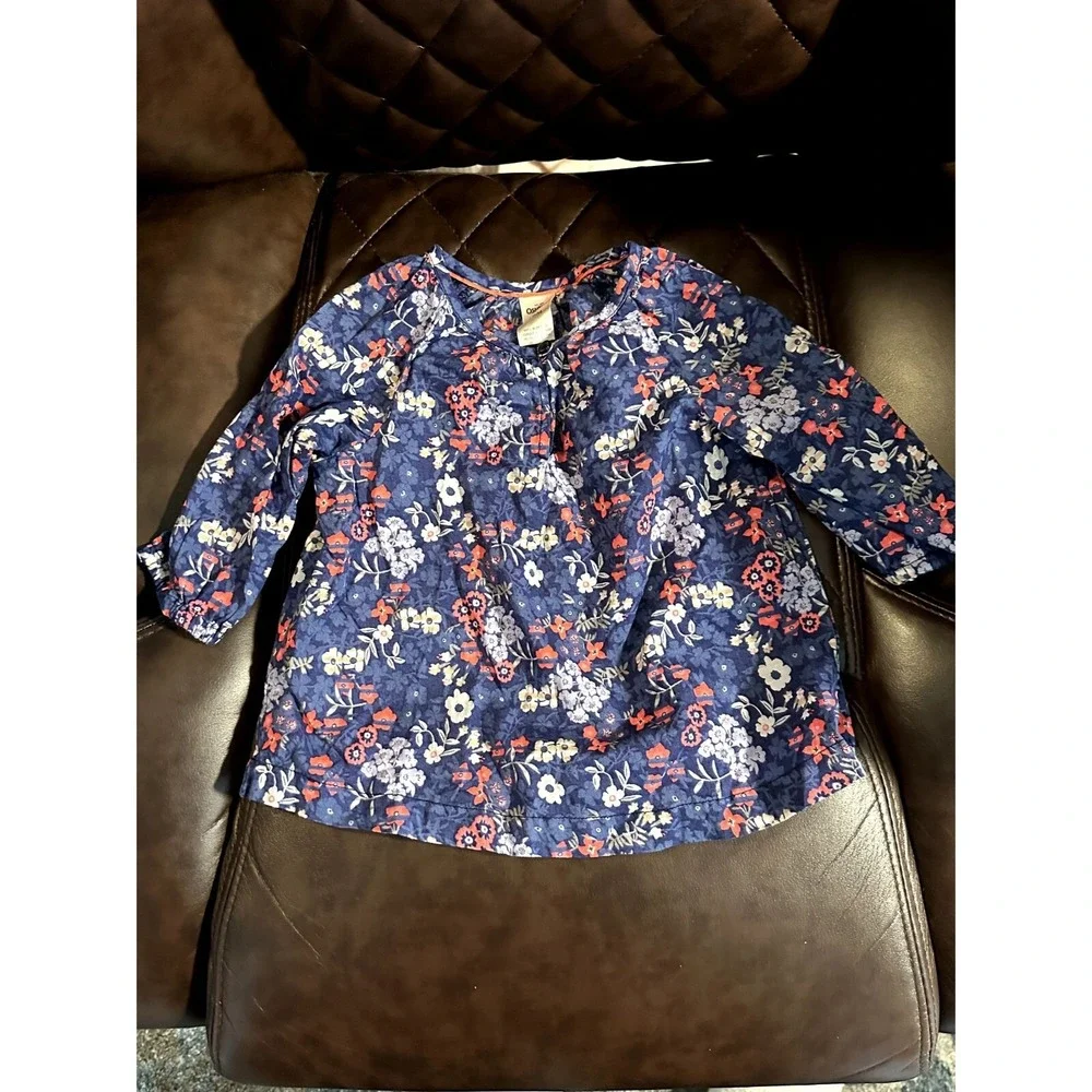OshKosh Bgosh Baby Girl Floral Blouse Navy Pink Wildflower Cotton Top 18M